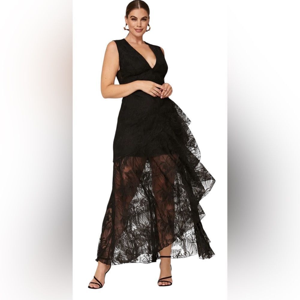 One33 Social Black Lace Ruffle Palm Gown Size 14